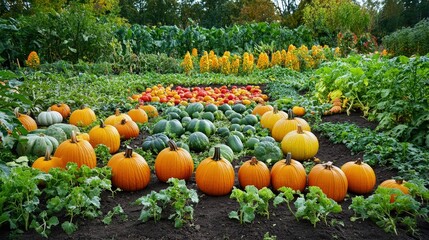 Poster - A lush vegetable garden bursts with life, featuring an array of pumpkins, gourds, and colorful vegetables, reflecting the beauty of autumn\'s harvest