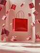 © visoot - A red paper box on it floats in mid-air, surrounded by flying pink shopping bags, against a white background.