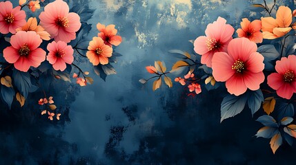 Wall Mural - A vibrant floral arrangement with pink and orange flowers blooming on a blue background with soft lighting.