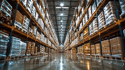 Aufkleber - A large, industrial warehouse with tall metal shelves organized in rows. shelves are filled with wooden pallets stacked with boxes and containers, many wrapped in plastic film. storage and logistic.