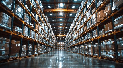 Aufkleber - A large, industrial warehouse with tall metal shelves organized in rows. shelves are filled with wooden pallets stacked with boxes and containers, many wrapped in plastic film. storage and logistic.