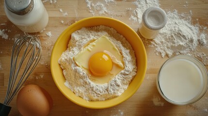 Flour forms a mound in a yellow bowl with a raw egg yolk resting in the center, accompanied by milk and other essential baking ingredients