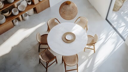 Canvas Print - A bright dining space features a round marble table surrounded by woven chairs, enhanced by natural sunlight filtering through large windows