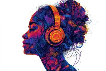 Poster - A woman wears headphones, immersed in her music, while intricate floral patterns and vivid colors blend seamlessly around her silhouette