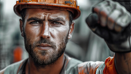 Aufkleber - A construction worker, serious face making power full fist, intense look, proud faces, no smiling, workers in the background, construction site.