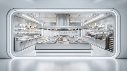 Poster - A futuristic, modular bakery space, with a central manufacturing area in a rectangular floor plan.