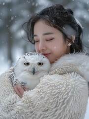 Wall Mural - A white owl is holding an Asian beauty in its arms, smiling, with snowy forests as the background.