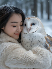 Poster - A white owl is holding an Asian beauty in its arms, smiling, with snowy forests as the background.