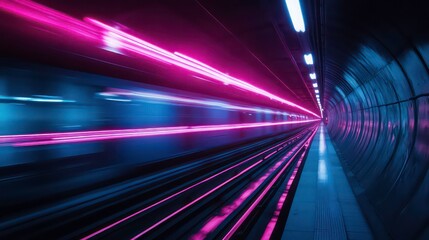 Wall Mural - a train speeds through a tunnel with bright pink and blue lights.