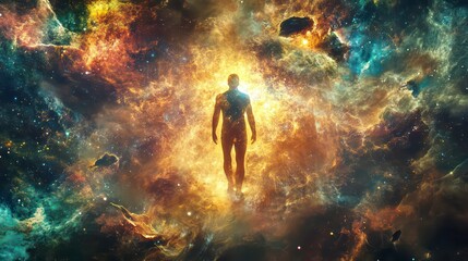 Wall Mural - a glowing human figure stands amidst a vibrant nebula, radiating light and energy.
