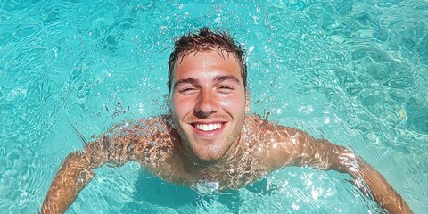 Happy Man Swimming in Pool  Summer Vacation   Tropical Blue Water