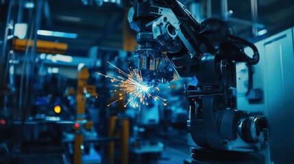 Poster - A robotic arm welding with sparks flying in a factory setting.