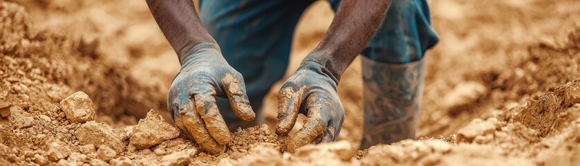 Artisanal gold miner working in muddy soil, showcasing determination and hard work. image captures essence of manual labor in mining