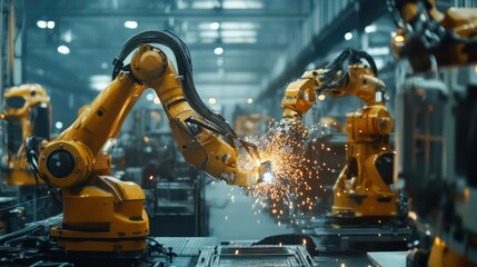 Poster - Robotic arms welding metal in a factory with sparks flying.