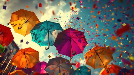 Colorful umbrellas float against a vibrant sky, surrounded by confetti, creating a festive atmosphere.