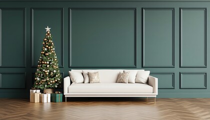 Small apartment living room with compact Christmas tree and festive accents, 3D illustration