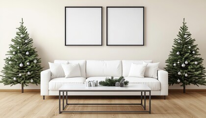 Modern minimalist living room with white and silver Christmas decor, clean and stylish, 3D illustration