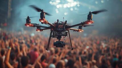 Aufkleber - A drone equipped with a camera hovers above a lively crowd at an outdoor music festival, capturing the vibrant atmosphere as concertgoers enjoy the performance.
