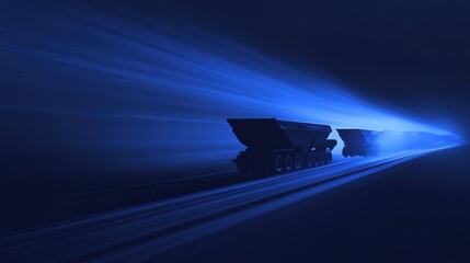 Poster - A digital background with a dark blue gradient, featuring the silhouette of coal wagons in motion, symbolizing energy production and industrial logistics