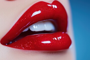 Captivating close-up of glossy red lips with a touch of allure in bright lighting. Generative AI