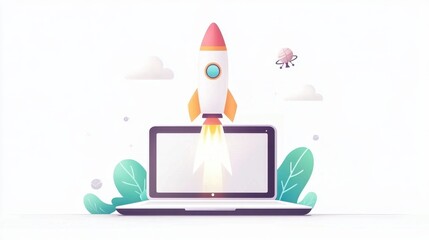 A space rocket launching out of a laptop screen, symbolizing innovation and technological advancements, set against a clean white background