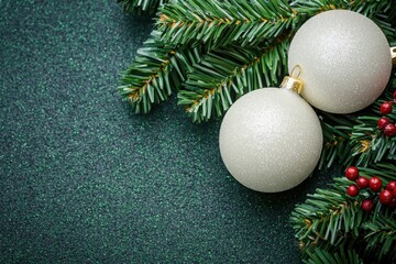 Christmas decorations with white ornaments and pine branches on a dark green background.