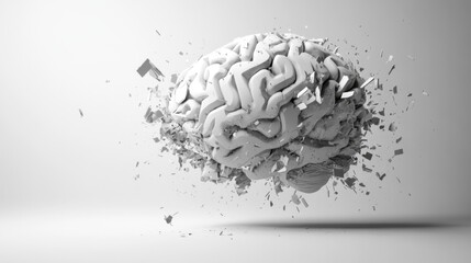Poster - A white 3D pixelated brain in mid-decay, fragments floating away on a blank backdrop, evoking ideas of memory and breakdown