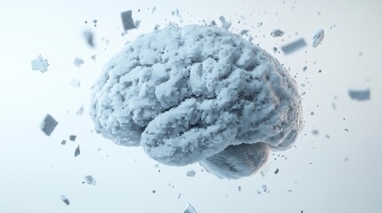 Poster - A white 3D pixelated brain in mid-decay, fragments floating away on a blank backdrop, evoking ideas of memory and breakdown