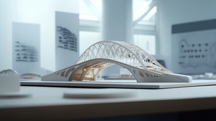 Poster - Architectural bridge model in focus with technical drawings in the background, showing materials and structure for concept development