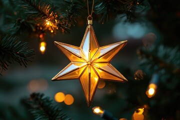 Golden christmas star ornament hanging on a christmas tree with sparkling lights