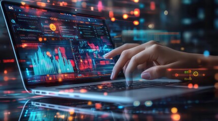 Poster - A hand on a laptop keyboard with a screen displaying stock market graphs and charts.