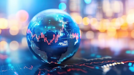Poster - Blue globe with detailed stock market graphs and financial data, symbolizing the interconnected global economy