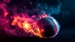 © Cheewynn - Close-up of a burning cricket ball, glowing in vibrant neon hues, fire and smoke trailing behind, capturing the energy of the game