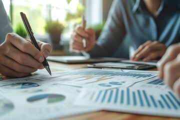 Poster - Business people analyzing financial documents and taking notes during a meeting