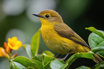 Wall Mural - Small yellow bird perched on branch looking right