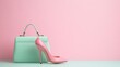 © Cheewynn - High-fashion pink stiletto and mint green purse on a pastel backdrop, minimalist luxury accessories concept for fashion design and promotion