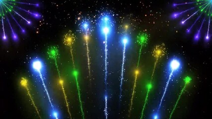 Wall Mural - A dazzling display of fireworks in the night sky, with bright streaks of green, blue, and yellow.