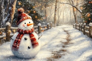Wall Mural - snowman standing by a snowy path in a fairy forest at christmas time