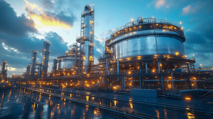 A modern industrial facility with large cylindrical storage tanks and tall structures, illuminated at dusk, reflecting on the wet ground beneath a dramatic sky