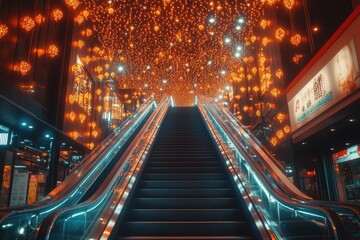 Poster - Escalator going up to glowing ceiling decorated with lights