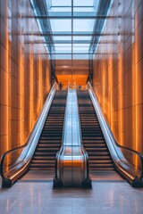 Aufkleber - Modern empty escalators going up in building with glass ceiling