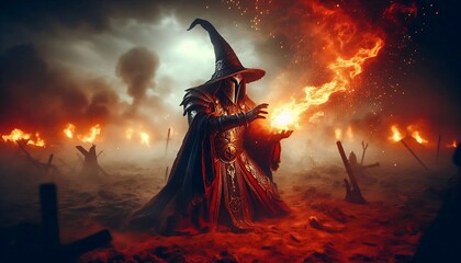 A powerful sorcerer in an enchanted battlefield, conjuring flames amidst a fiery, chaotic landscape. The wizard, dressed in ornate robes and a pointed hat, commands fire magic with intense energy.