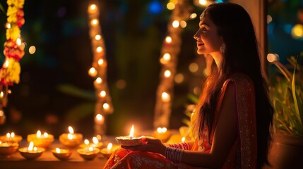 A woman enjoying Diwali festivities with lights and diya lamps