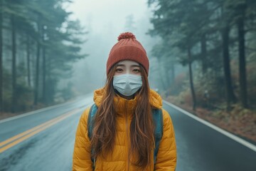 Young female hiker wearing protective face mask standing on a road in a forest