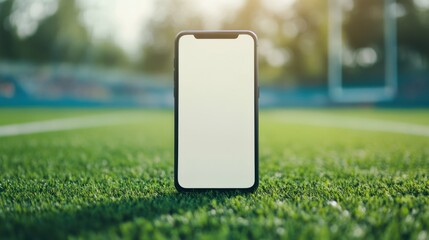 Poster - Close-up of mobile phone with a blank white screen on a blurred football field background, symbolizing sports apps or live streaming