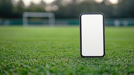 Poster - Close-up of mobile phone with a blank white screen on a blurred football field background, symbolizing sports apps or live streaming