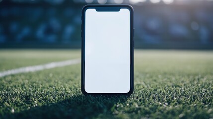 Poster - Close-up of mobile phone with a blank white screen on a blurred football field background, symbolizing sports apps or live streaming