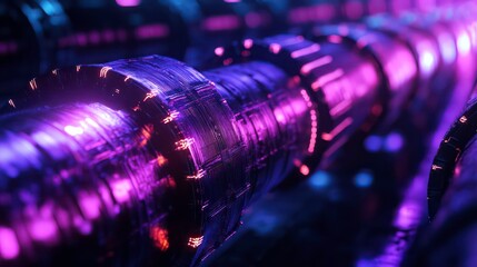 Poster - A close-up of a futuristic, neon-lit, metal pipe with intricate details.
