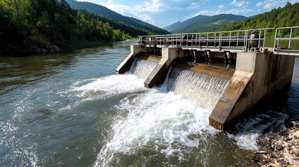 A dam holding back a vast reservoir of water, symbolizing the balance between controlling and utilizing water s power, dam and reservoir, human control of water