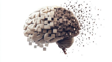 Poster - Conceptual 3D pixel brain, disintegrating into digital cubes, white background representing technological deterioration